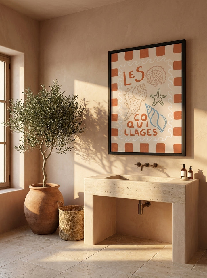 Oversized statement modern wall art print styled on the wall in a Mediterranean bathroom
