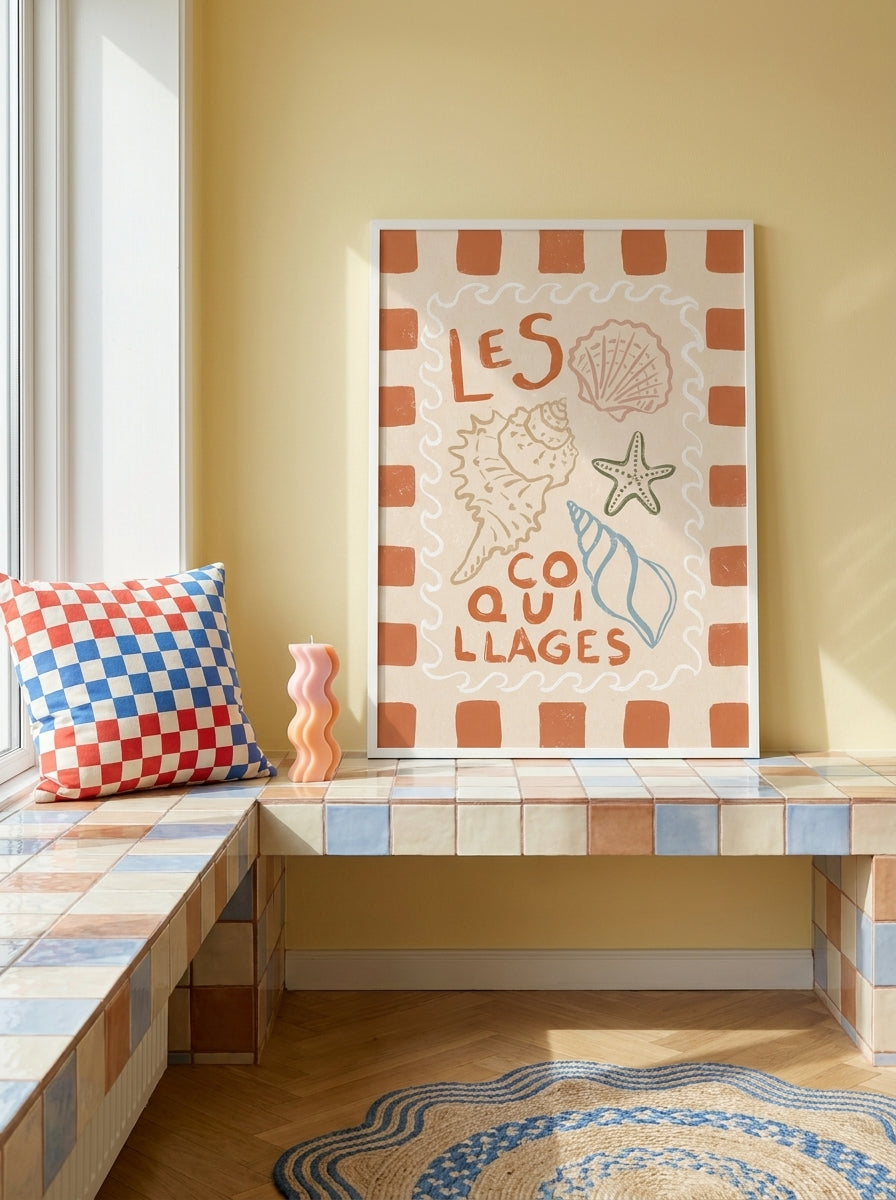 Modern wall art print standing on a kitchen bench in a colourful eclectic kitchen