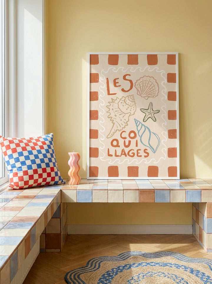 Modern wall art print standing on a kitchen bench in a colourful eclectic kitchen