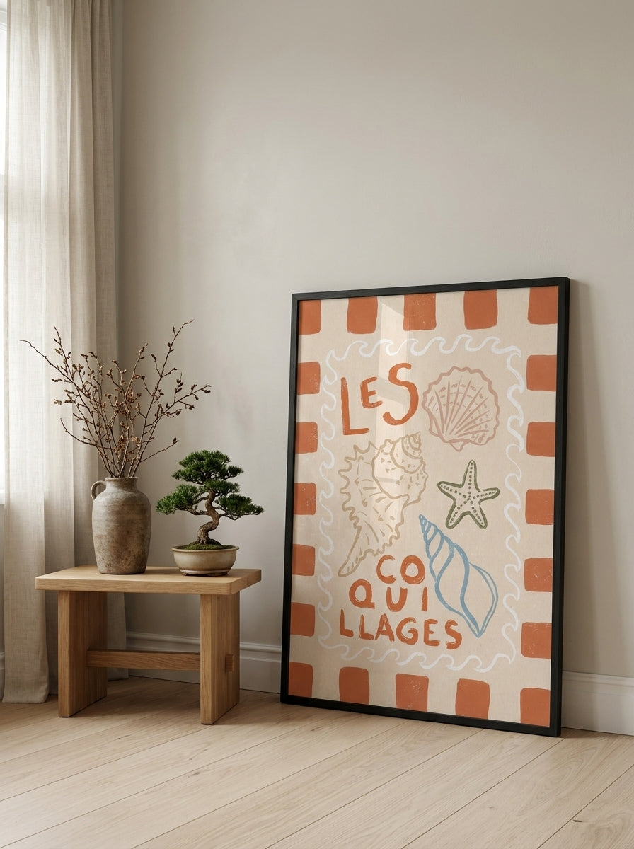 Modern wall art print leaning against the wall in a warm Japandi dining room