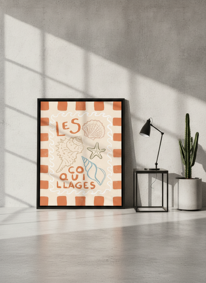 Canvas wall art with a black surround leaning against the wall in an industrial loft kitchen