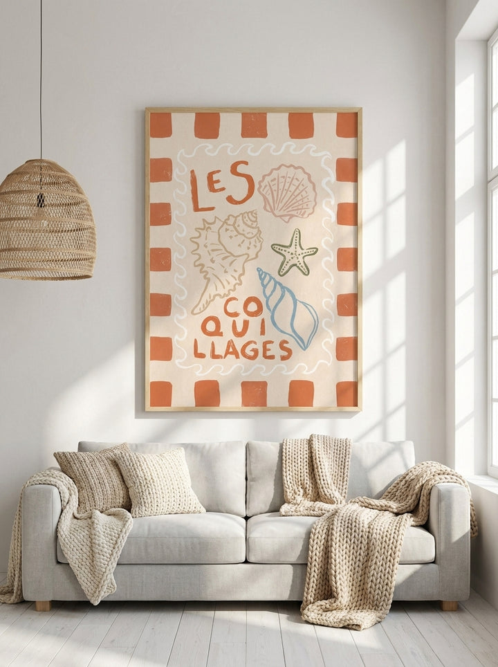 Oversized statement modern wall art print styled on the wall in a bright Scandinavian living room