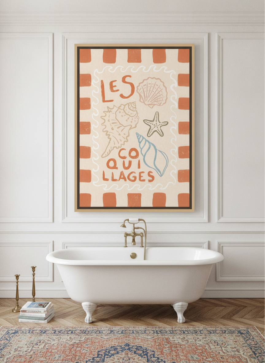 Oversized statement canvas wall art with a natural timber surround styled on the wall in a Parisian bathroom