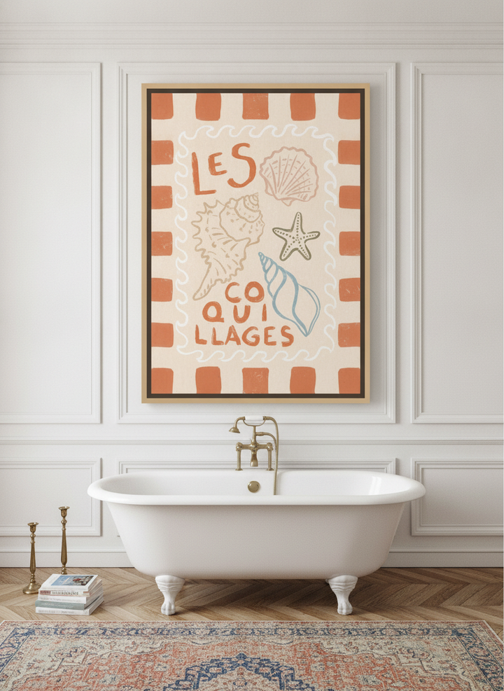 Oversized statement canvas wall art with a natural timber surround styled on the wall in a Parisian bathroom
