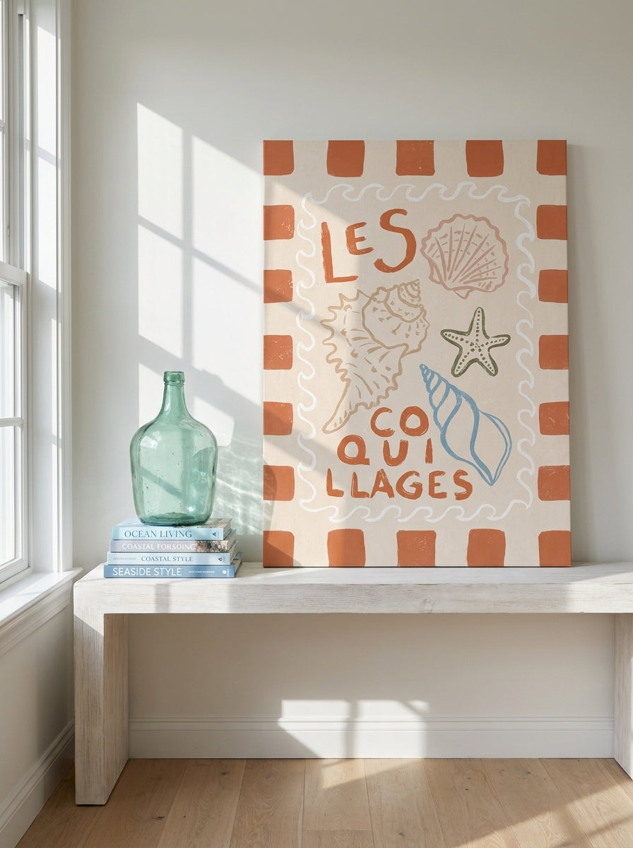 Stretched canvas wall art standing on a console in a coastal dining room