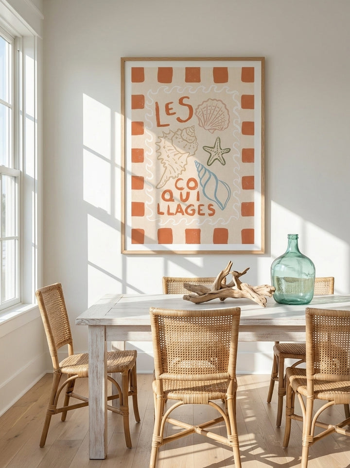 Modern wall art print styled on the wall in a coastal dining room
