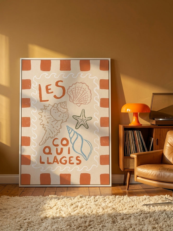 Oversized statement canvas wall art with a white surround leaning against the wall in a retro 70s living room