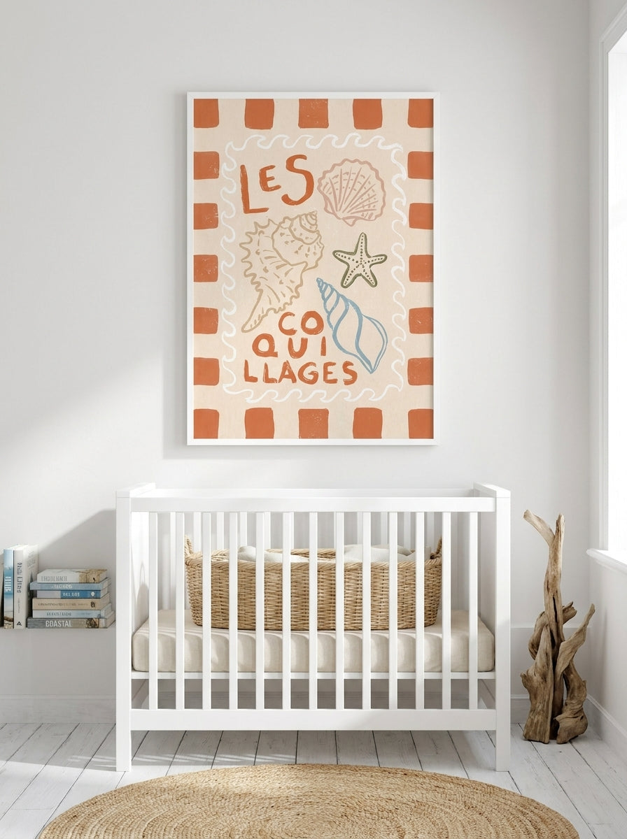 Modern wall art print styled on the wall in a coastal nursery