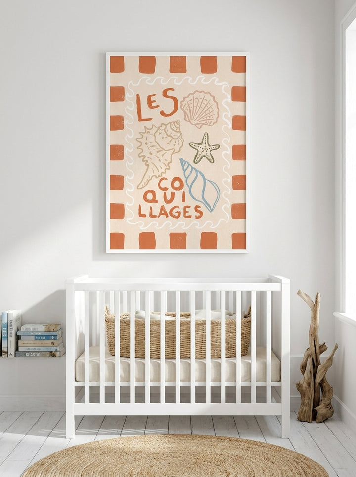 Modern wall art print styled on the wall in a coastal nursery