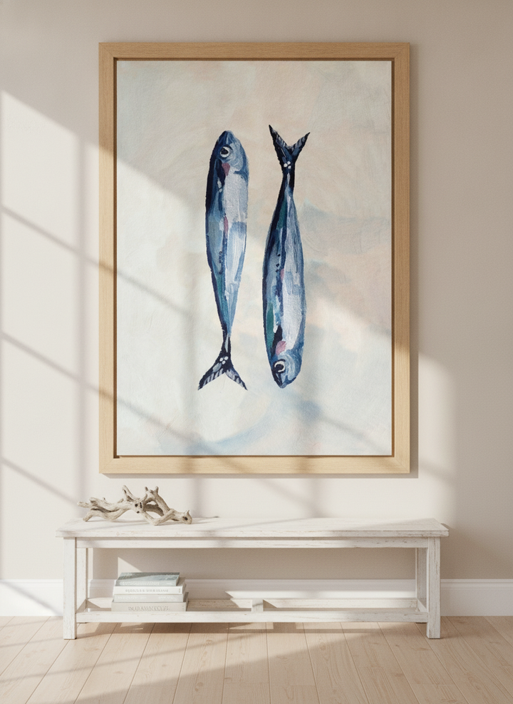 Oversized statement modern wall art print styled on the wall in a coastal living room