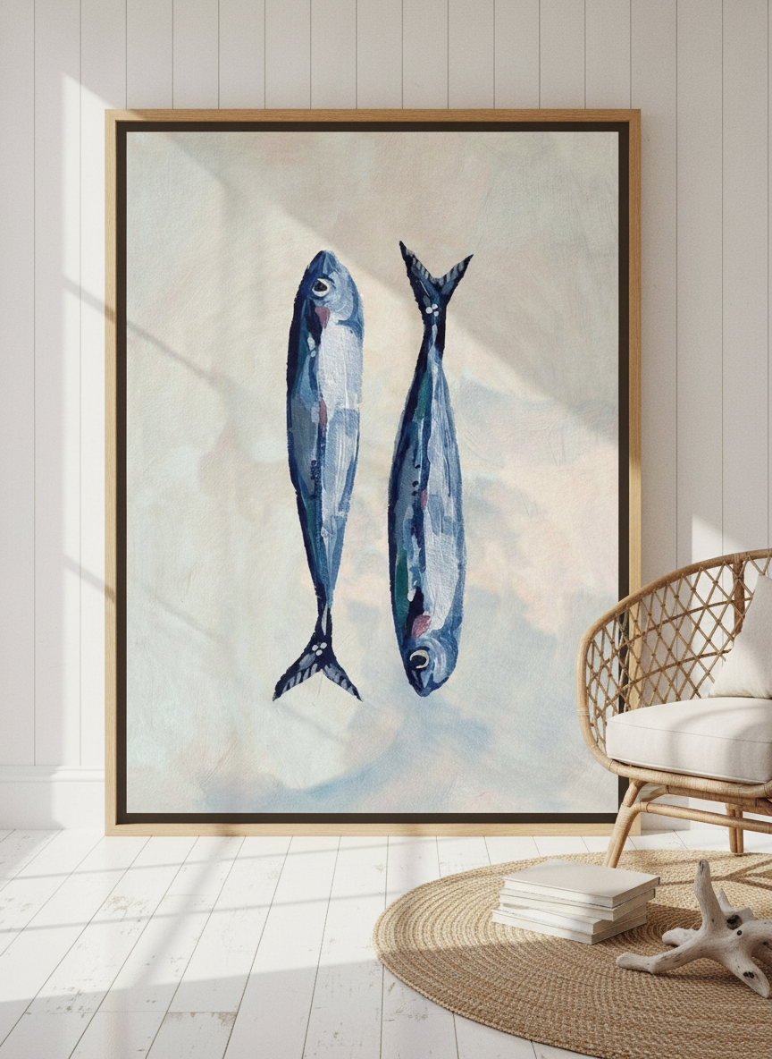 Oversized statement canvas wall art with a natural timber surround leaning against the wall in a coastal bedroom