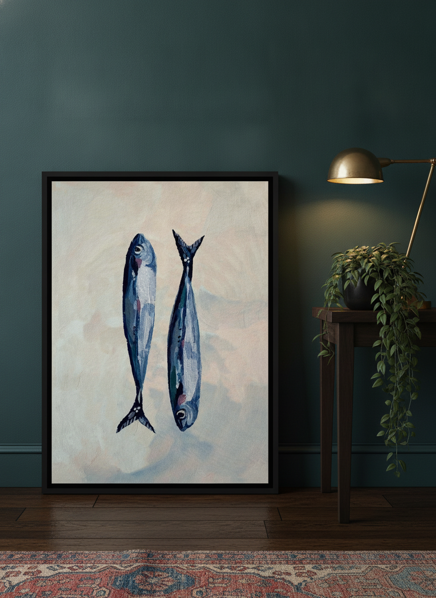Canvas wall art with a black surround leaning against the wall in a moody kitchen