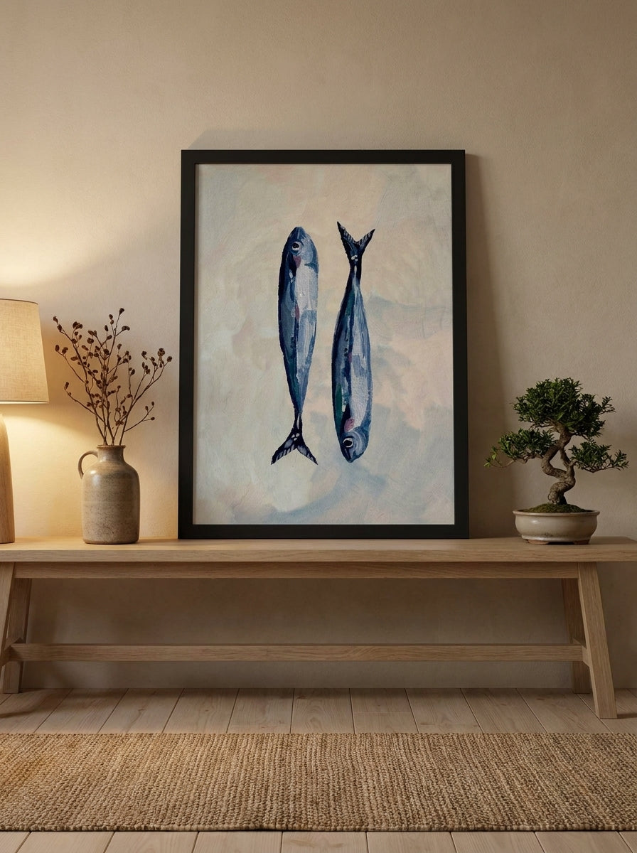 Modern wall art print standing on a kitchen bench in a warm Japandi kitchen