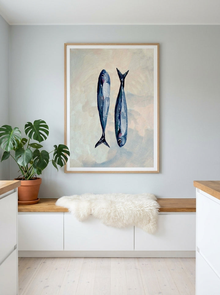 Modern wall art print styled on the wall in a bright Scandinavian kitchen