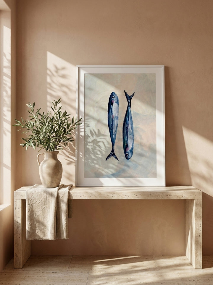 Modern wall art print standing on a console in a Mediterranean living room