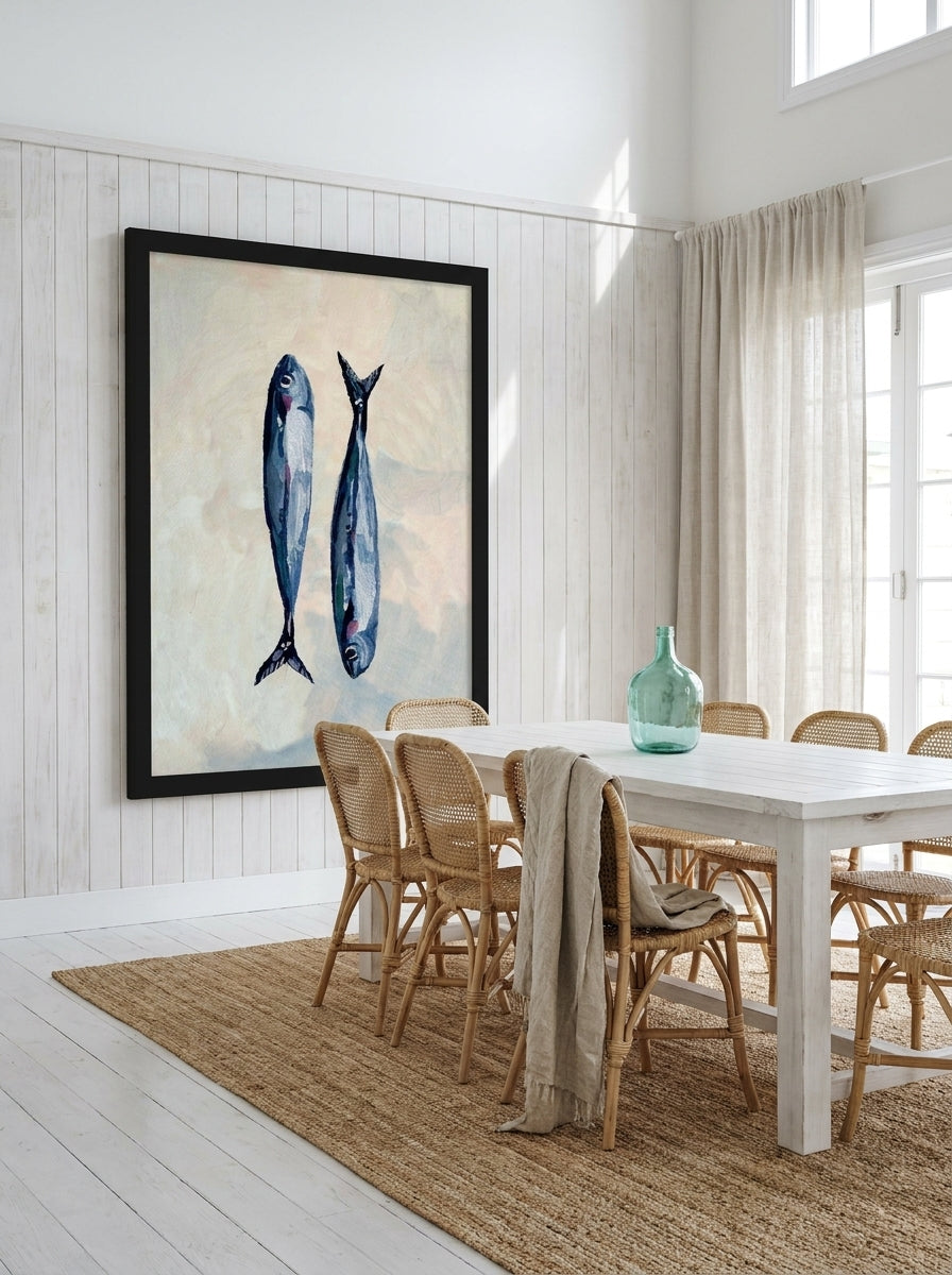 Oversized statement modern wall art print styled on the wall in a coastal dining room