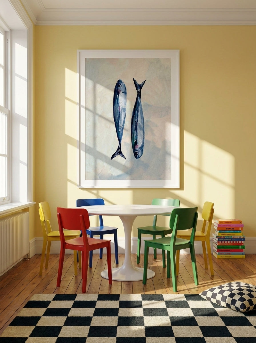 Modern wall art print styled on the wall in a colourful eclectic dining room