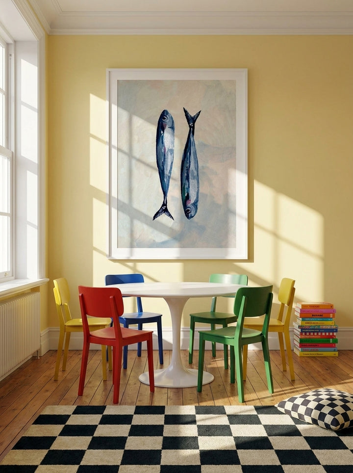 Modern wall art print styled on the wall in a colourful eclectic dining room