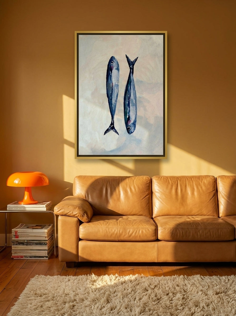 Canvas wall art with a gold leaf surround styled on the wall in a retro 70s living room