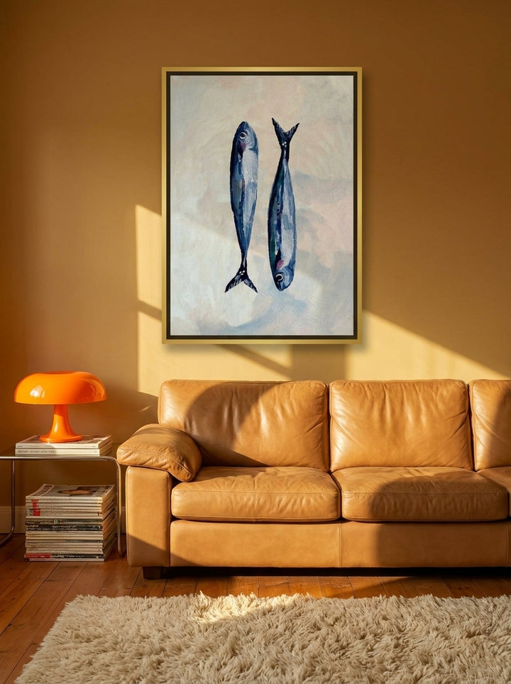 Canvas wall art with a gold leaf surround styled on the wall in a retro 70s living room