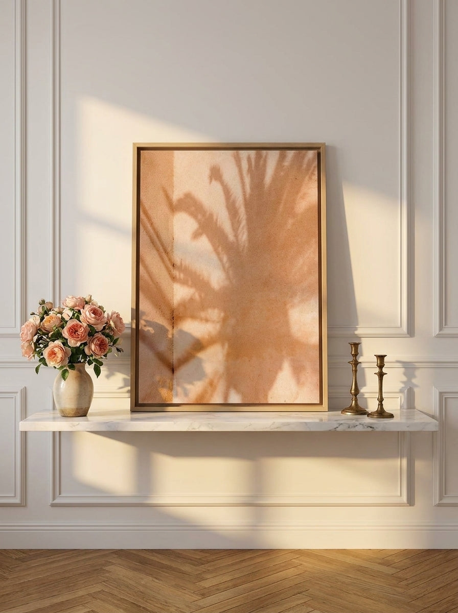 Canvas wall art with a natural timber surround standing on a console in a Parisian bathroom