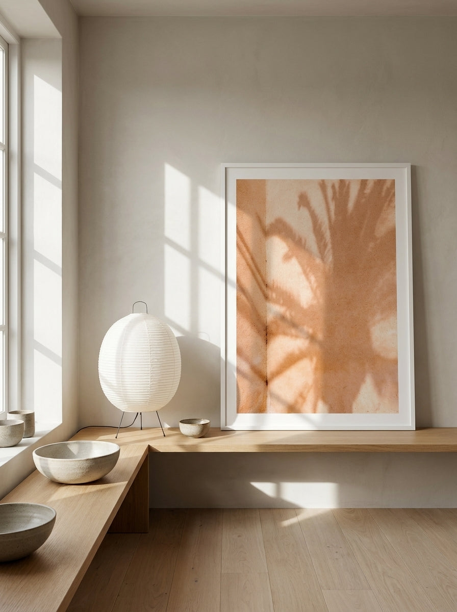 Modern wall art print standing on a bench in a warm Japandi bathroom