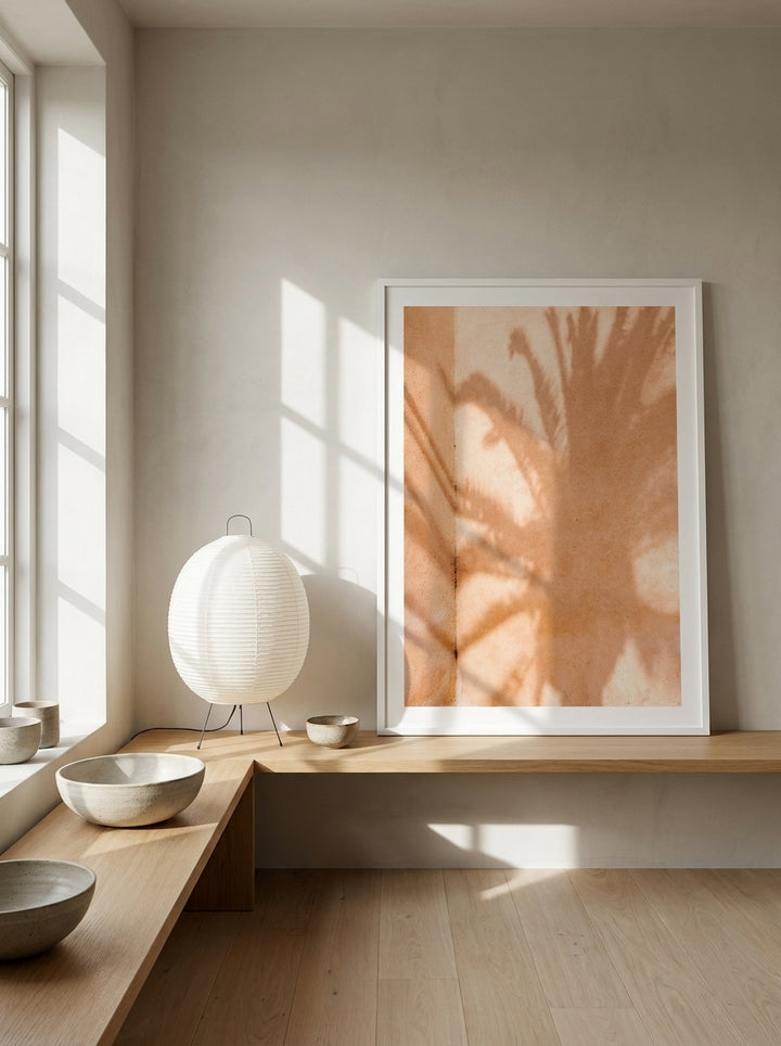 Modern wall art print standing on a bench in a warm Japandi bathroom