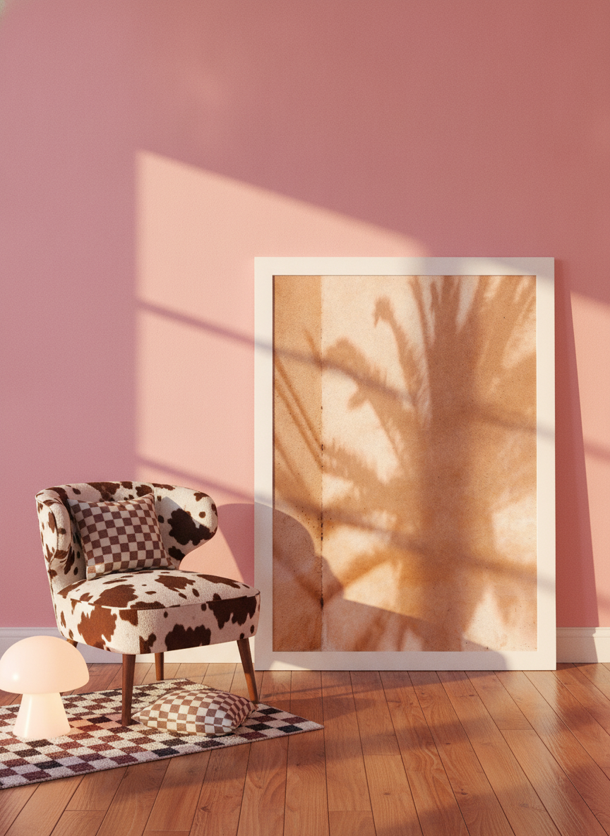 Modern wall art print leaning against the wall in a colourful eclectic bedroom