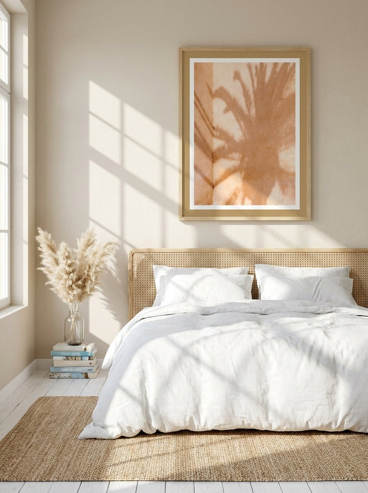 Modern wall art print styled on the wall in a coastal bedroom