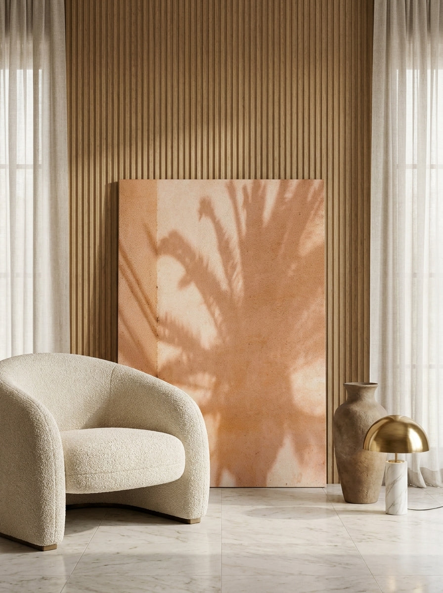 Stretched canvas wall art leaning against the wall in a luxe living room