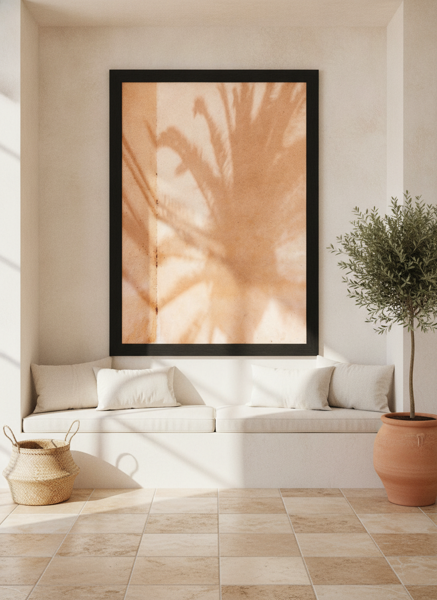 Oversized statement modern wall art print styled on the wall in a Mediterranean living room