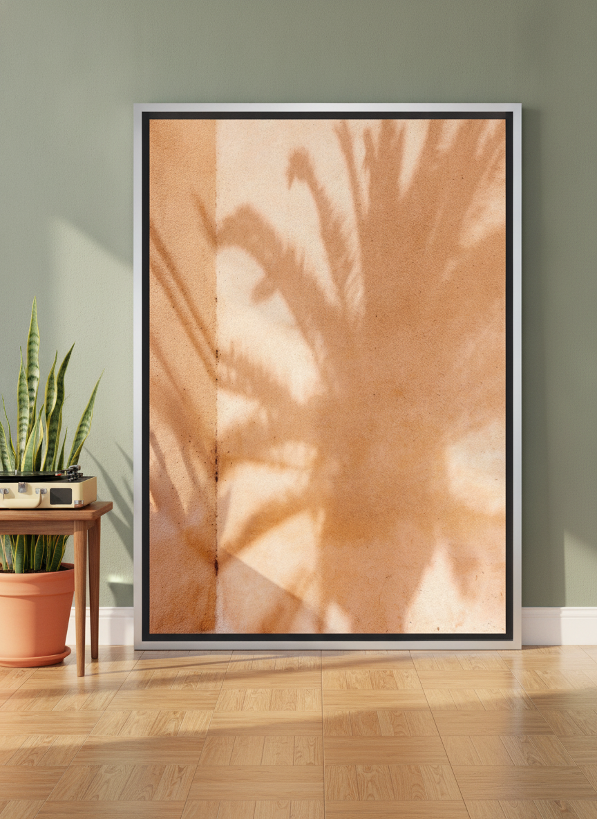 Oversized statement canvas wall art with a silver leaf surround leaning against the wall in a mid-century living room