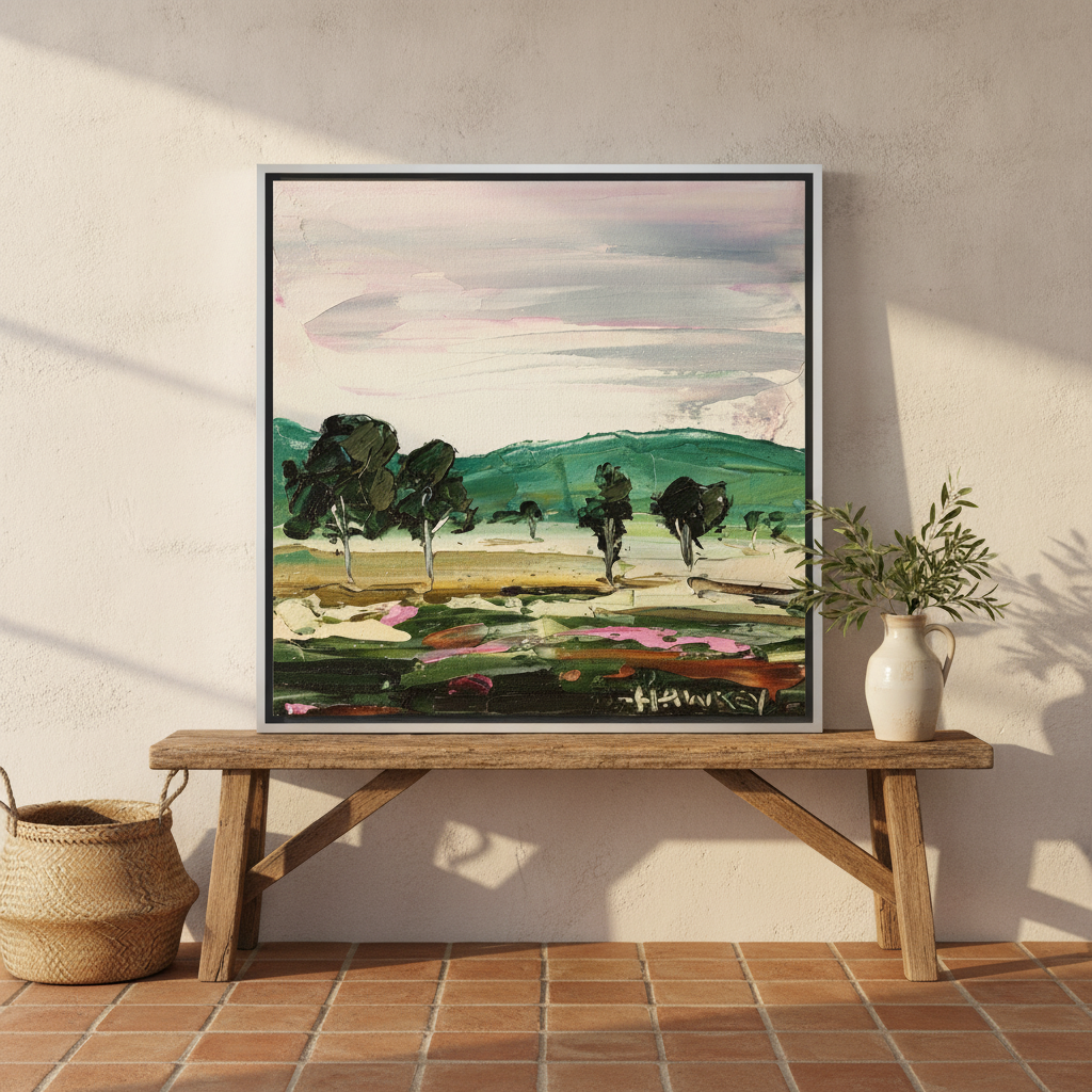 Canvas wall art with a silver leaf surround standing on a bench in a Mediterranean home office
