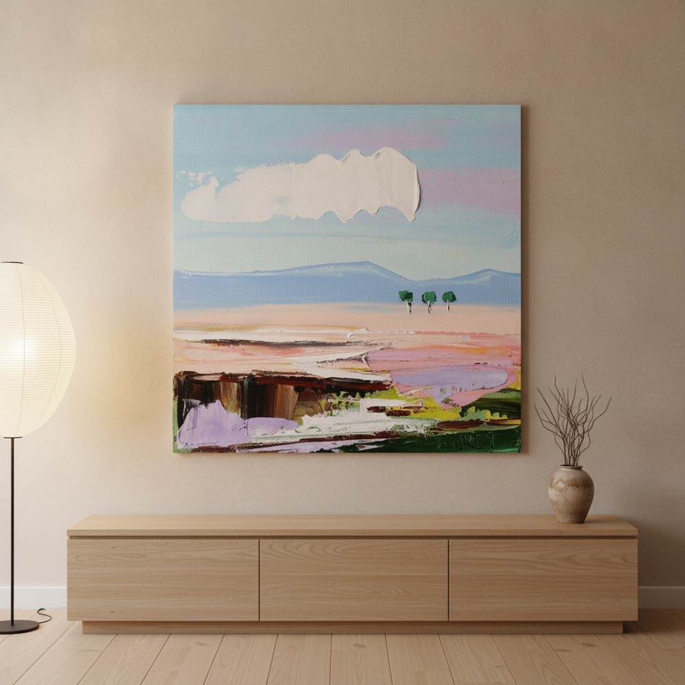 Stretched canvas wall art styled on the wall in a warm Japandi living room