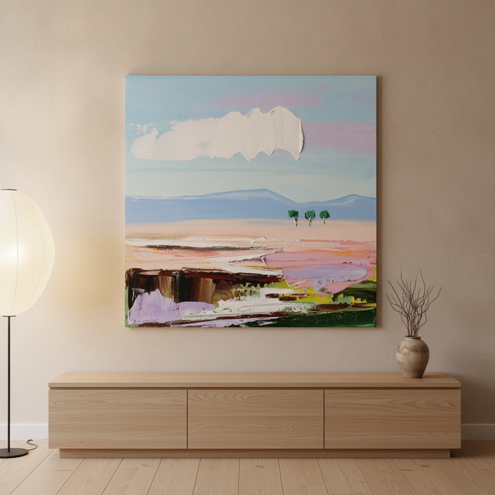 Stretched canvas wall art styled on the wall in a warm Japandi living room