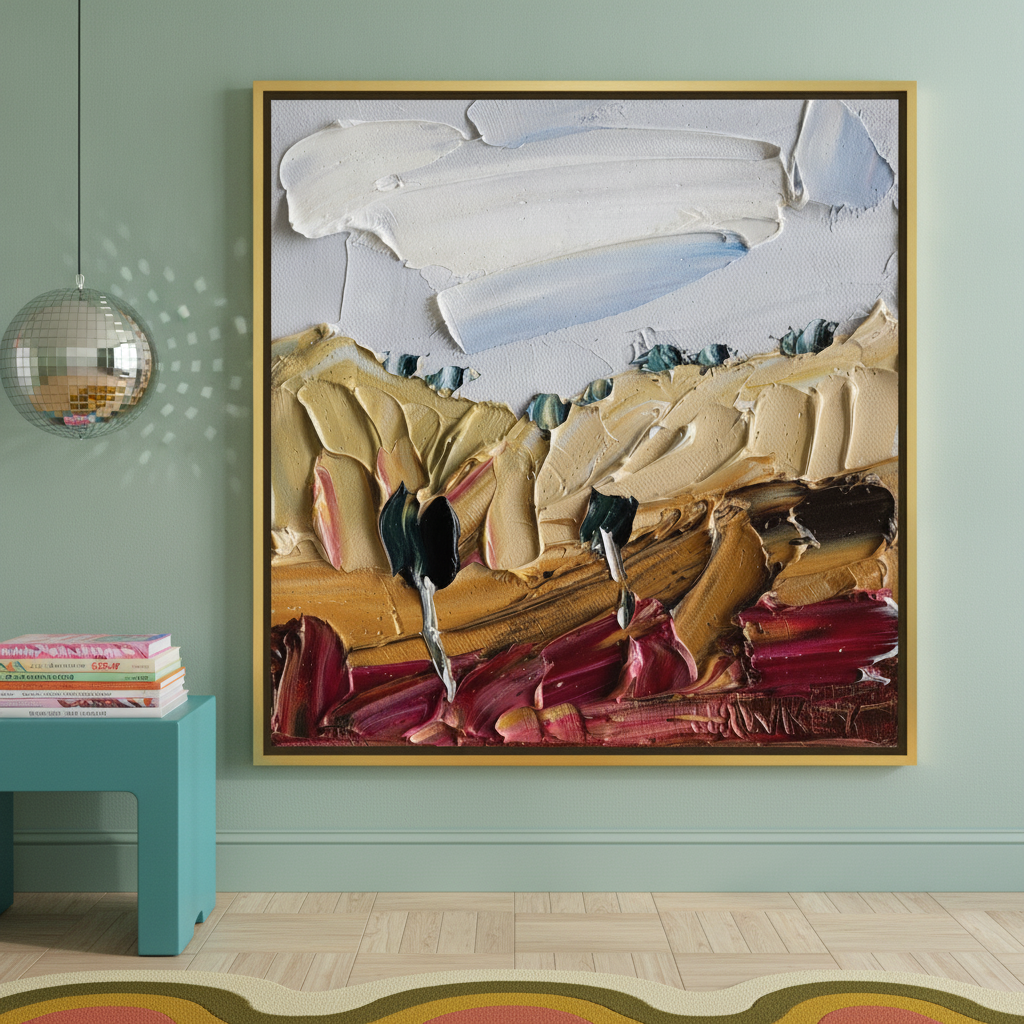 Canvas wall art with a gold leaf surround standing on a side table in a colourful eclectic bedroom