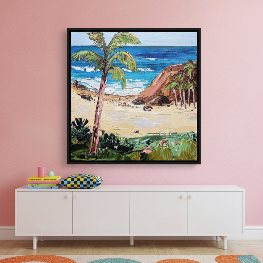 Canvas wall art with a black surround standing on a sideboard in a colourful eclectic bedroom