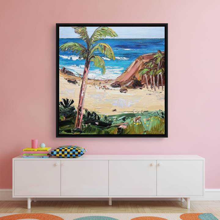Canvas wall art with a black surround standing on a sideboard in a colourful eclectic bedroom