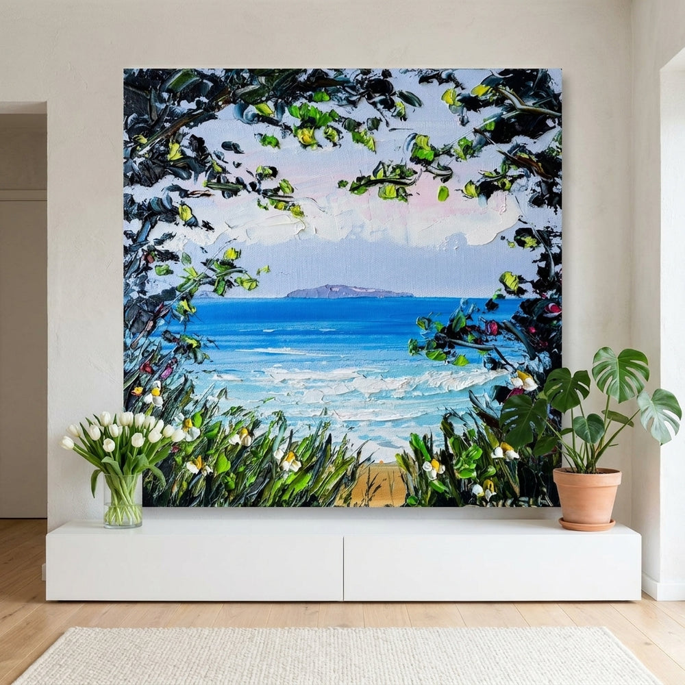 Stretched canvas wall art styled on the wall in a bright Scandinavian living room