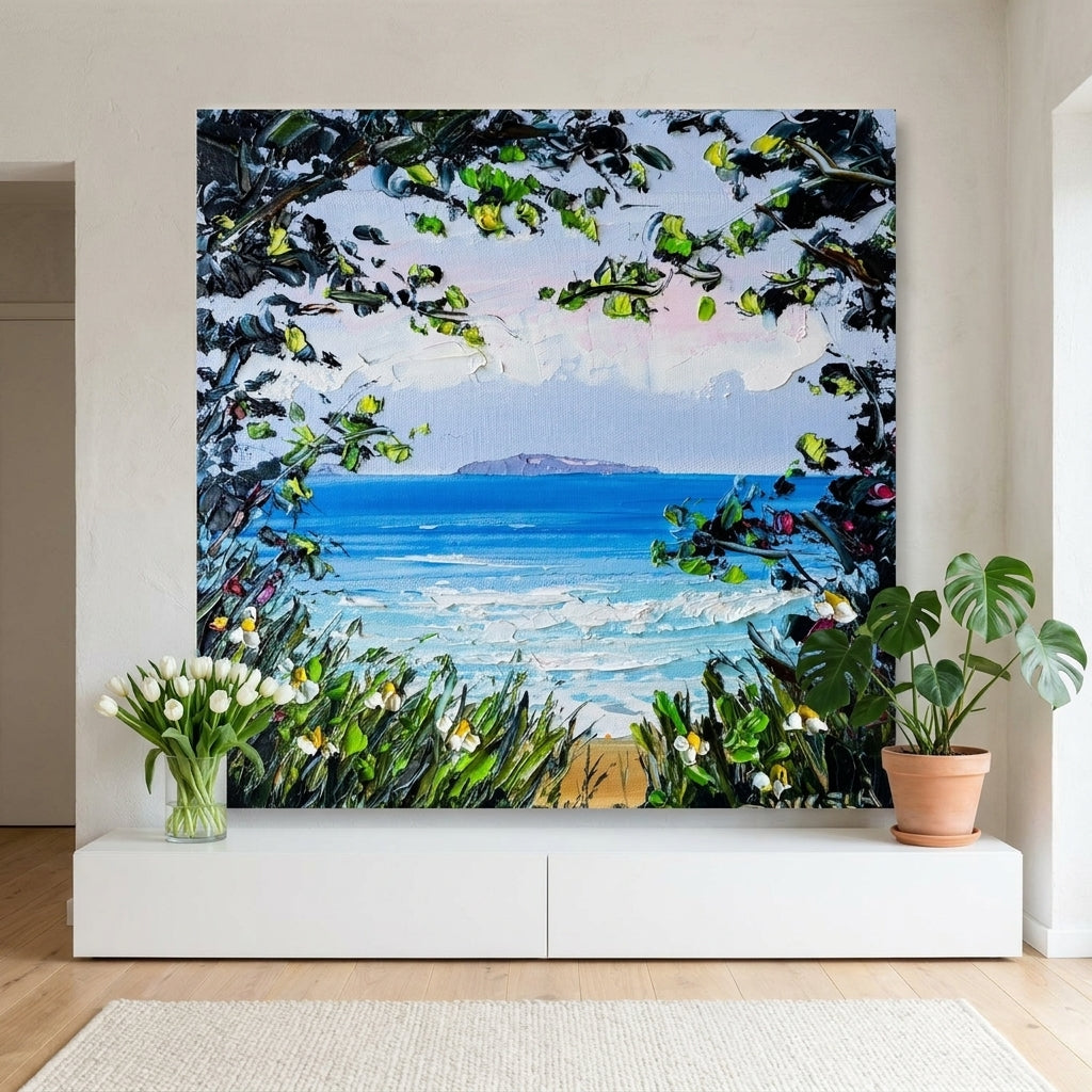 Stretched canvas wall art styled on the wall in a bright Scandinavian living room