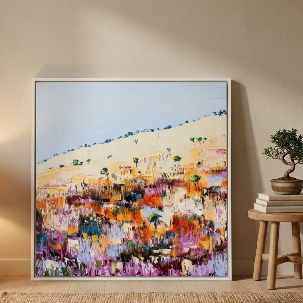 Canvas wall art with a white surround leaning against the wall in a warm Japandi home office