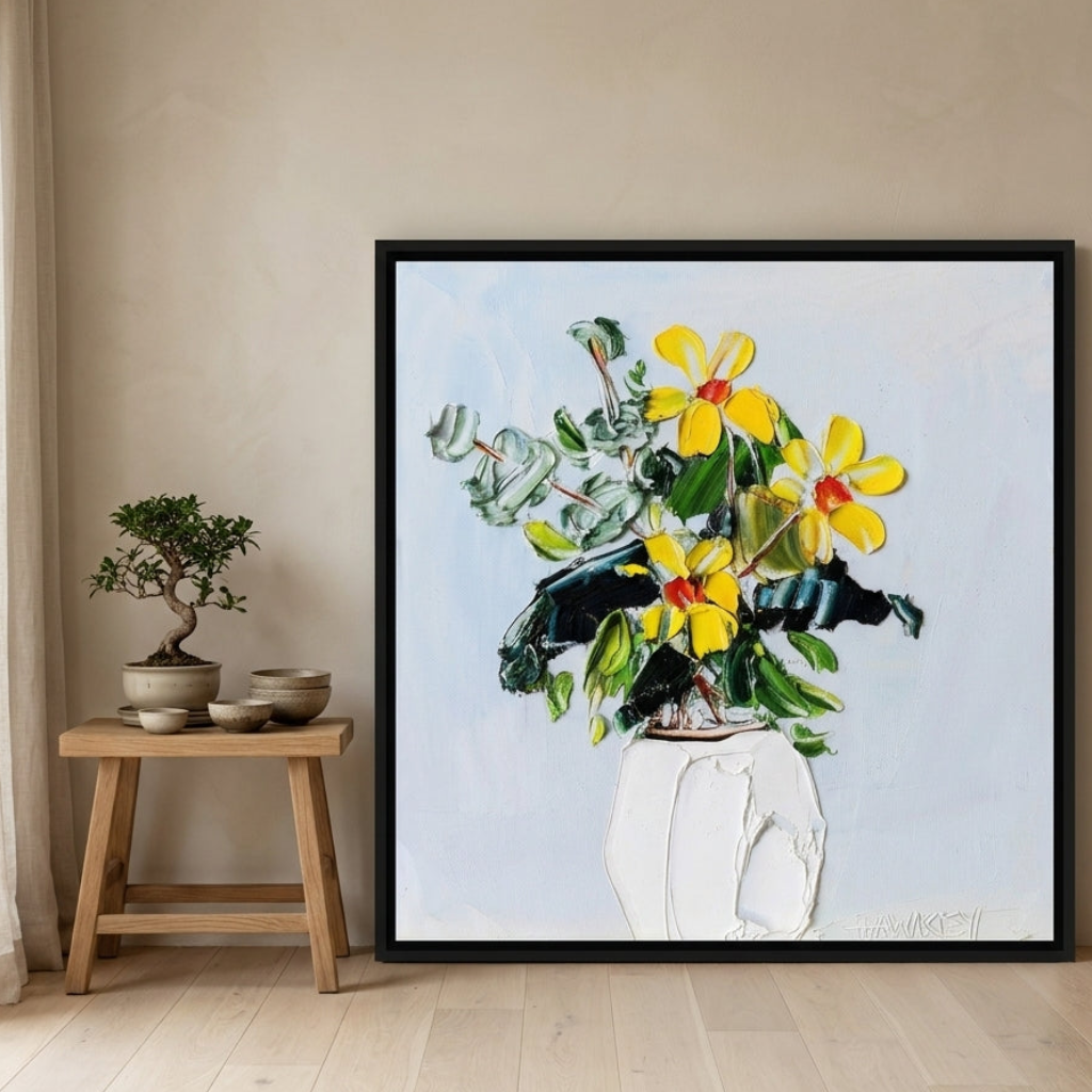 Canvas wall art with a black surround leaning against the wall in a warm Japandi living room