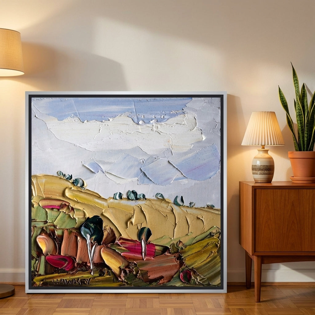 Canvas wall art with a silver leaf surround leaning against the wall in a mid-century dining room