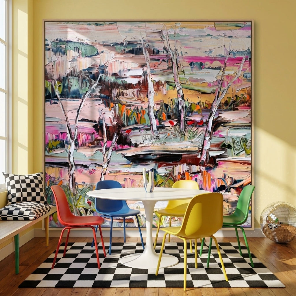 Oversized statement canvas wall art with a natural timber surround styled on the wall in a colourful eclectic dining room