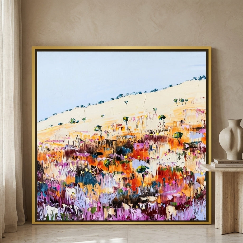 Oversized statement canvas wall art with a gold leaf surround leaning against the wall in a luxe bedroom
