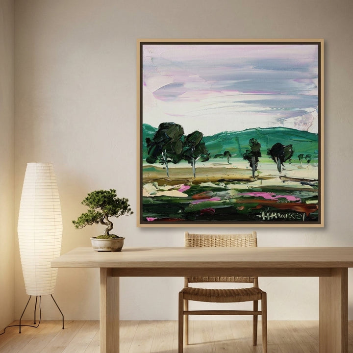 Oversized statement canvas wall art with a natural timber surround styled on the wall in a warm Japandi home office