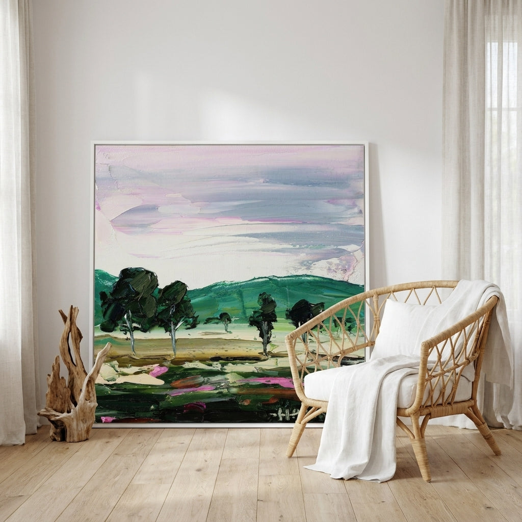 Oversized statement canvas wall art with a white surround leaning against the wall in a coastal dining room