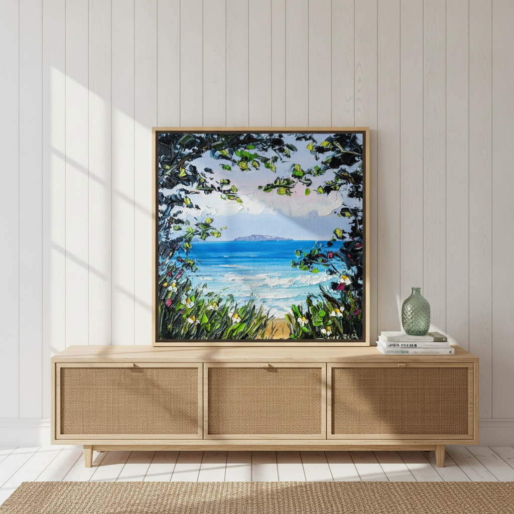 Canvas wall art with a natural timber surround standing on a sideboard in a coastal bedroom