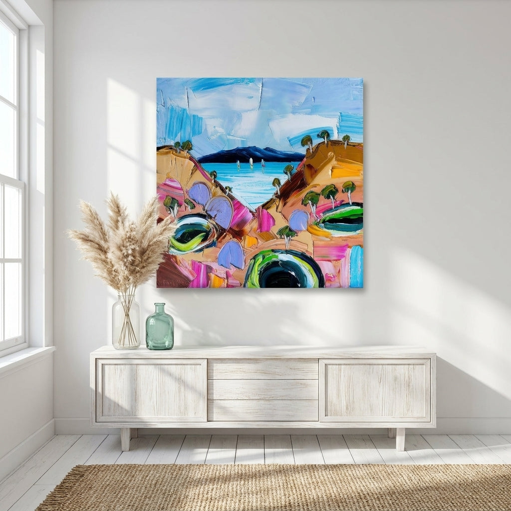Stretched canvas wall art styled on the wall in a coastal living room