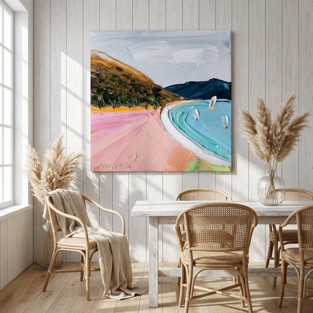 Stretched canvas wall art styled on the wall in a coastal dining room